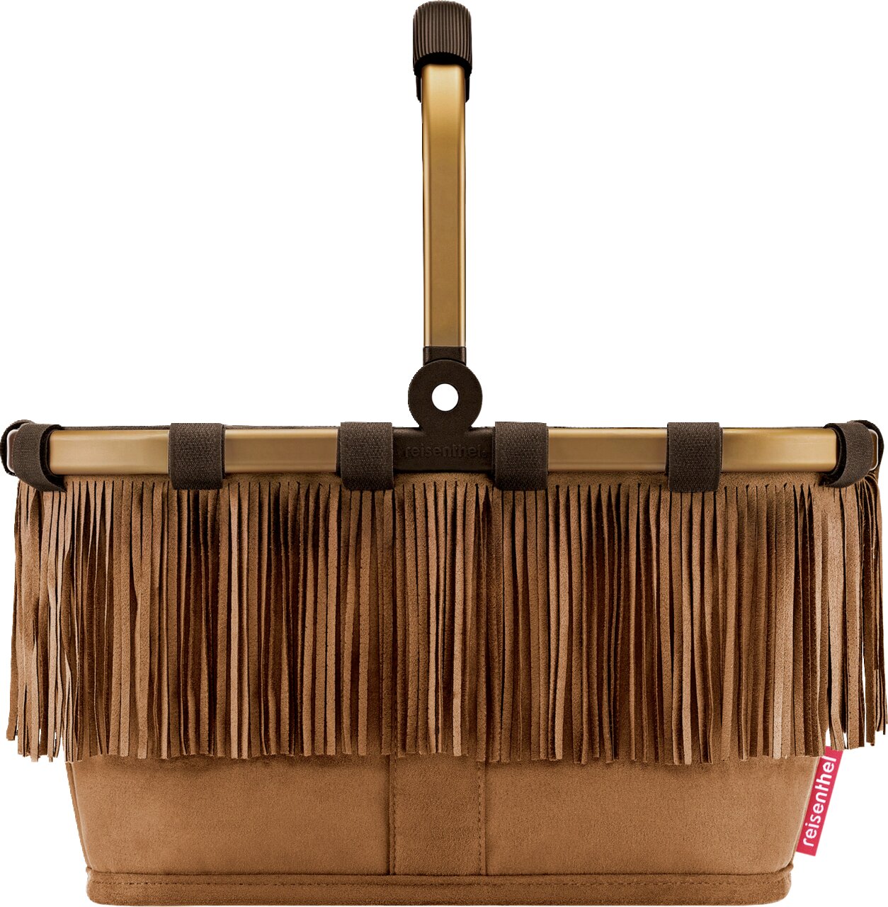 Braune Handtasche aus Veloursleder-Optik mit langen Fransen, Tragegriff und Reisenthel-Label, frontale Ansicht vor weißem Hintergrund