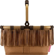 Braune Handtasche aus Veloursleder-Optik mit langen Fransen, Tragegriff und Reisenthel-Label, frontale Ansicht vor weißem Hintergrund