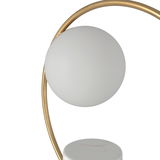 Moderne Tischleuchte Lyon mit rundem, weißem Lampenschirm und gebogenem, goldenem Gestell, seitliche Perspektive