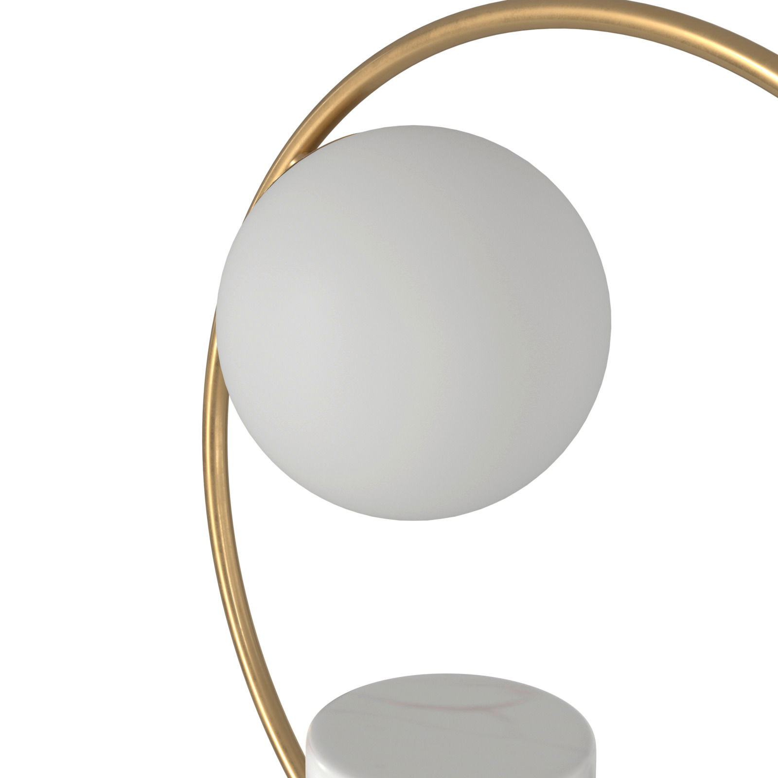 Moderne Tischleuchte Lyon mit rundem, weißem Lampenschirm und gebogenem, goldenem Gestell, seitliche Perspektive