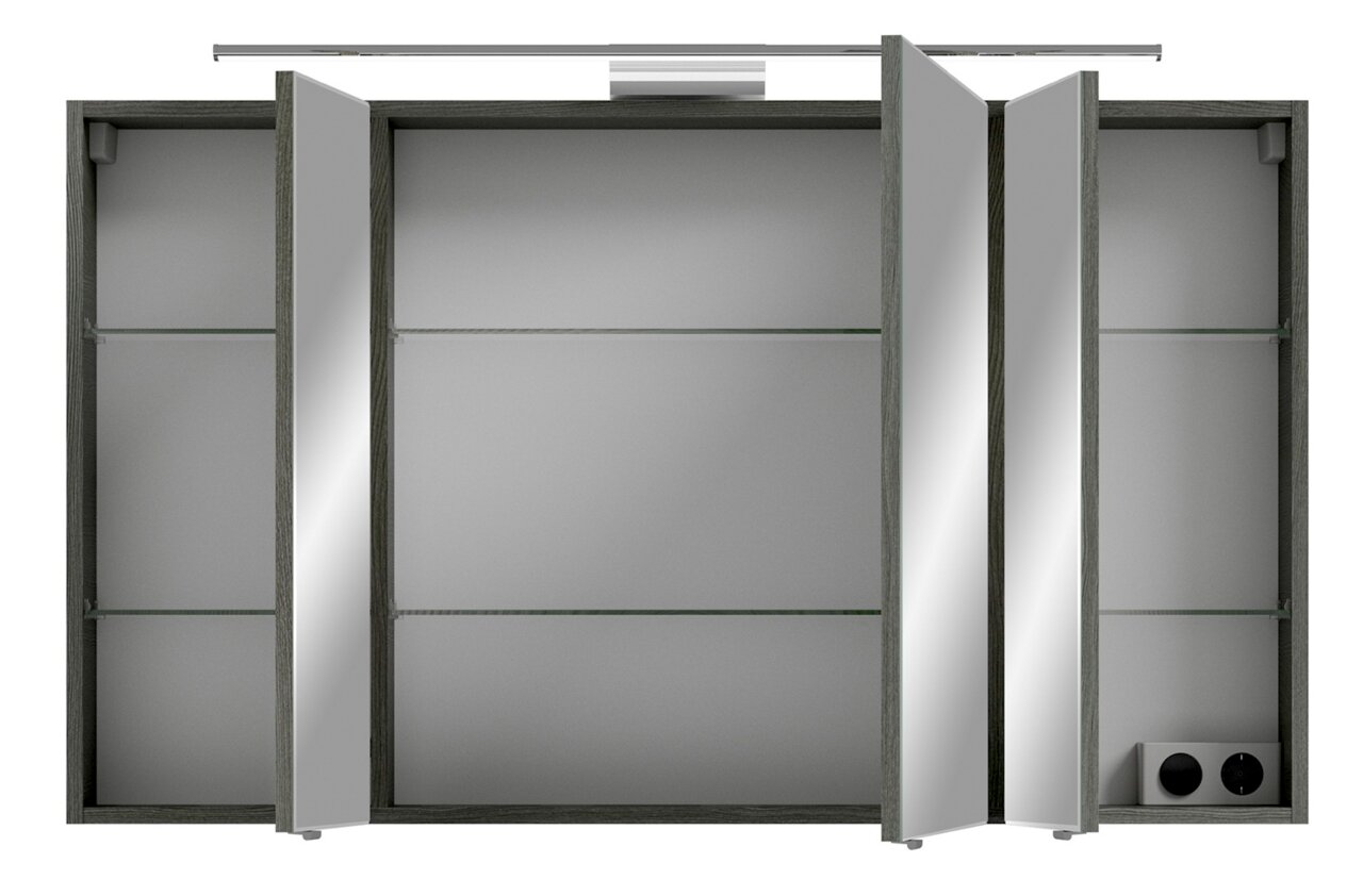 Spiegelschrank mit drei Türen, teilweise geöffnet, mit integrierter Beleuchtung und Steckdose, Frontalansicht.