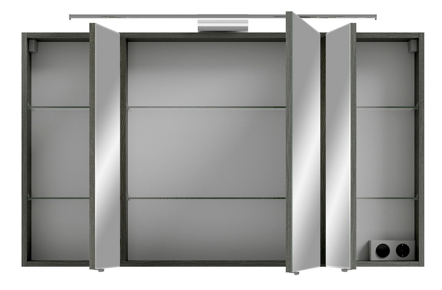 Spiegelschrank mit drei Türen, teilweise geöffnet, mit integrierter Beleuchtung und Steckdose, Frontalansicht.
