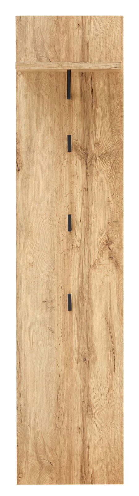 Garderobenpaneel aus Holz mit vier schwarzen Haken und einem Regalbrett, Frontalansicht
