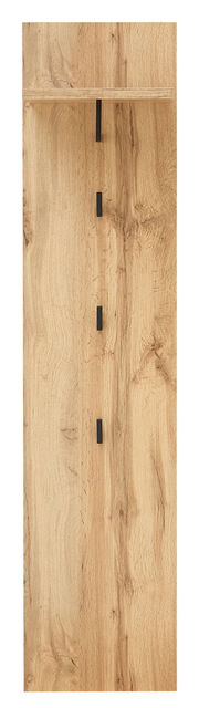 Garderobenpaneel aus Holz mit vier schwarzen Haken und einem Regalbrett, Frontalansicht