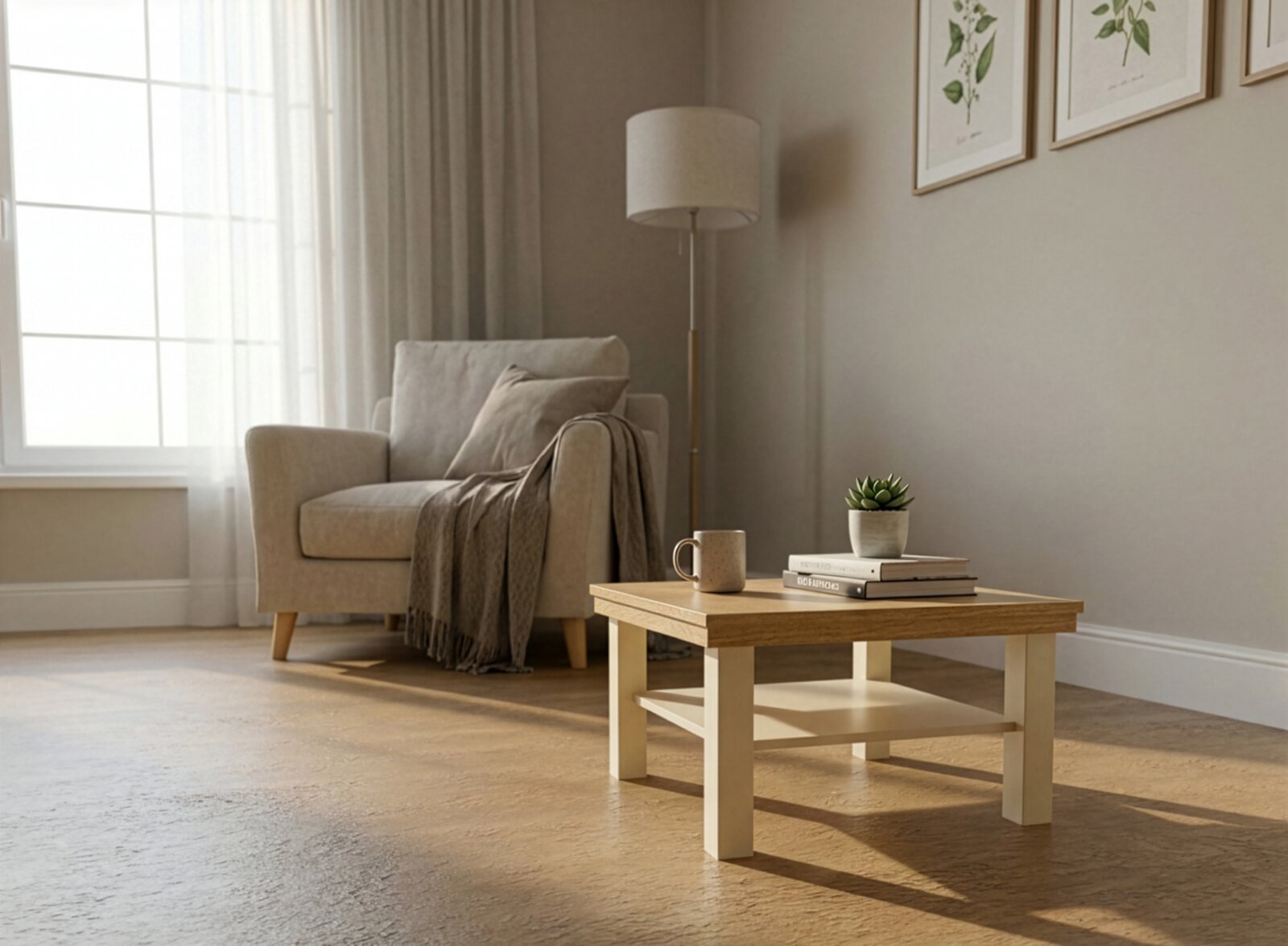 Zurbrüggen Couchtisch KANSAS Rechteckiger Couchtisch im zweifarbigen Holzdesign (helle Beine, natürliche Holzplatte) mit Ablage, darauf Tasse, Bücher und kleine Sukkulente, im hellen Wohnzimmer neben Sessel – Perspektive: leicht seitliche Ansicht auf Tischhöhe