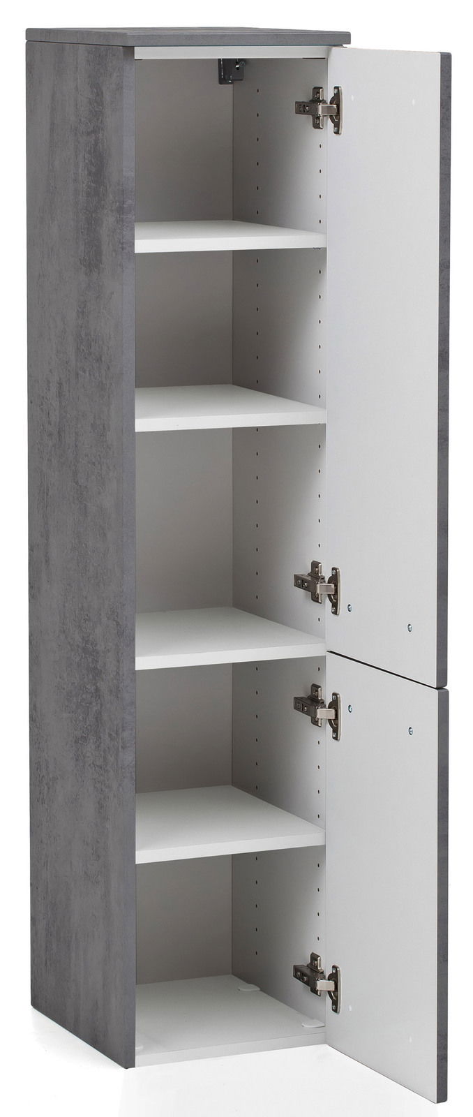 Grauer Midischrank mit geöffneter Tür, fünf Einlegeböden und seitlicher Perspektive