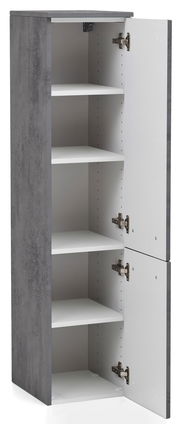 Grauer Midischrank mit geöffneter Tür, fünf Einlegeböden und seitlicher Perspektive