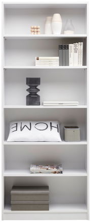 Weißes Regal Carryhome Regal MILLY mit fünf Ebenen, dekoriert mit Büchern, Vasen und Kissen, frontal betrachtet.