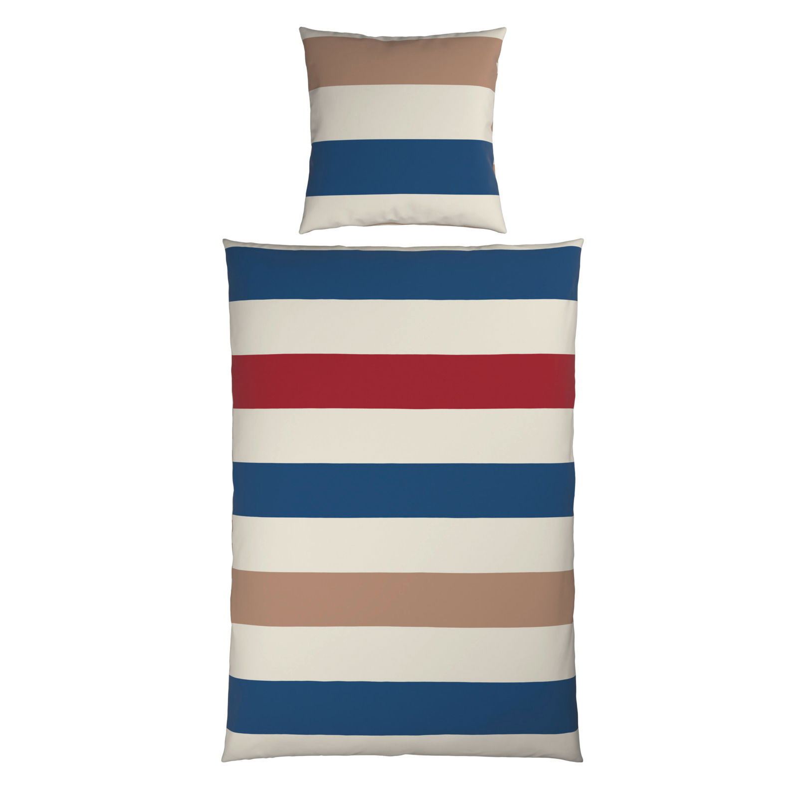 Wendebettwäsche-Set mit Streifenmuster in Blau, Rot, Beige und Weiß, Ansicht von oben
