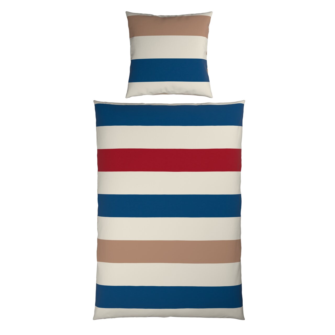 Wendebettwäsche-Set mit Streifenmuster in Blau, Rot, Beige und Weiß, Ansicht von oben