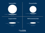 Infografik mit Draufsicht und Seitenansicht: Speiseteller Ø 27 cm, Höhe 3 cm; Dessertteller Ø 21 cm, Höhe 2,5 cm; Suppenteller Ø 22 cm, Höhe 5 cm, 550 ml; Mehrzweckschale Ø 17 cm, Höhe 5 cm, 600 ml – auf blauem Hintergrund (CreaTable).