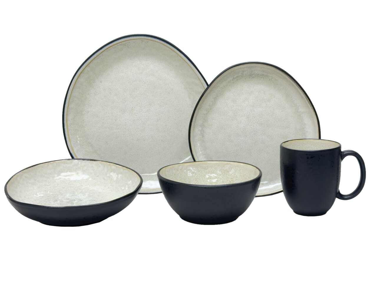 Kombiservice 10-tlg. in moderner Ansicht, bestehend aus Tellern, Schalen und einer Tasse in eleganter zweifarbiger Optik.