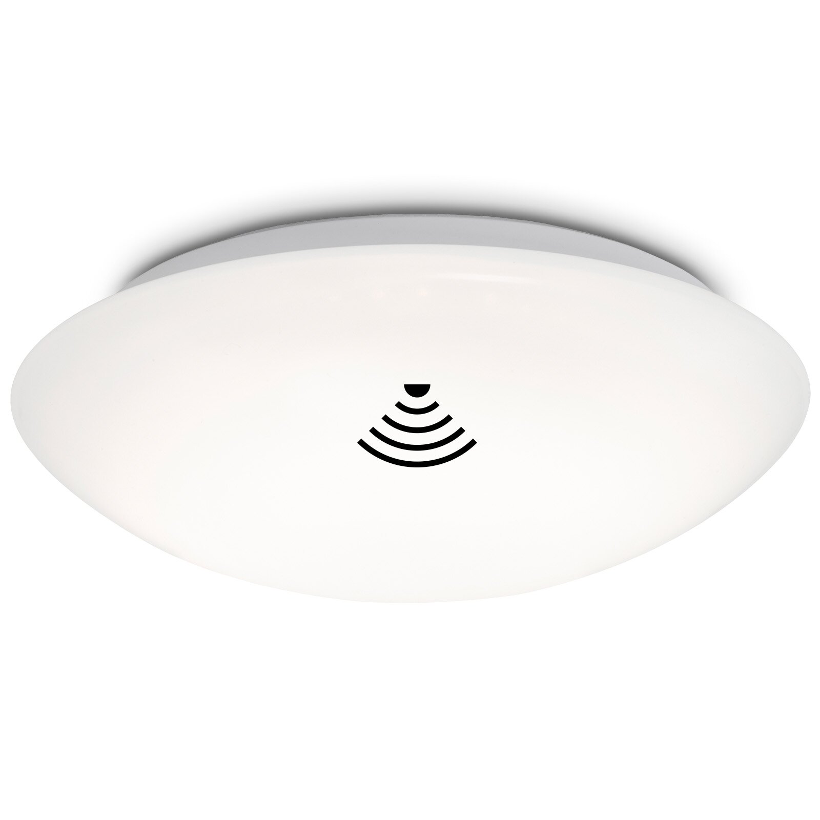Ronde witte plafondlamp met grijze rand en centraal pictogram, frontaal aanzicht van onderen tegen witte achtergrond