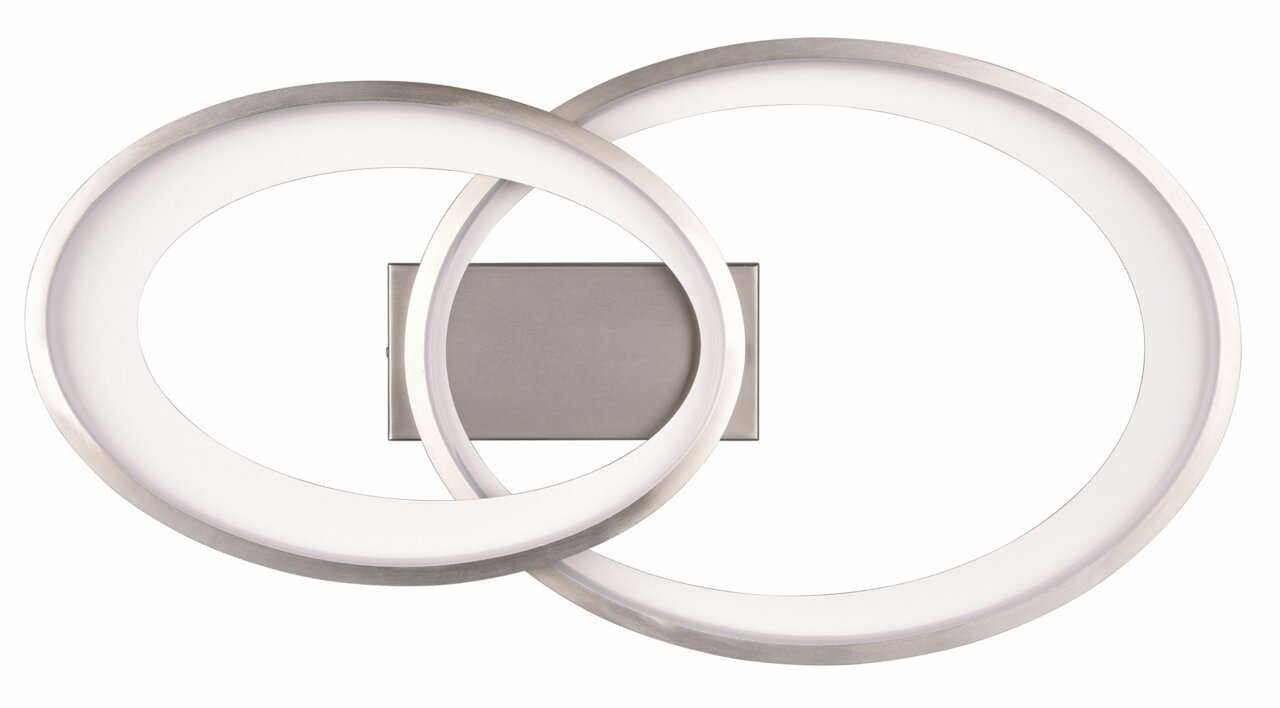 Moderne Deckenleuchte Malaga mit zwei überlappenden, ovalen Ringen in silberner Optik, Ansicht von oben.