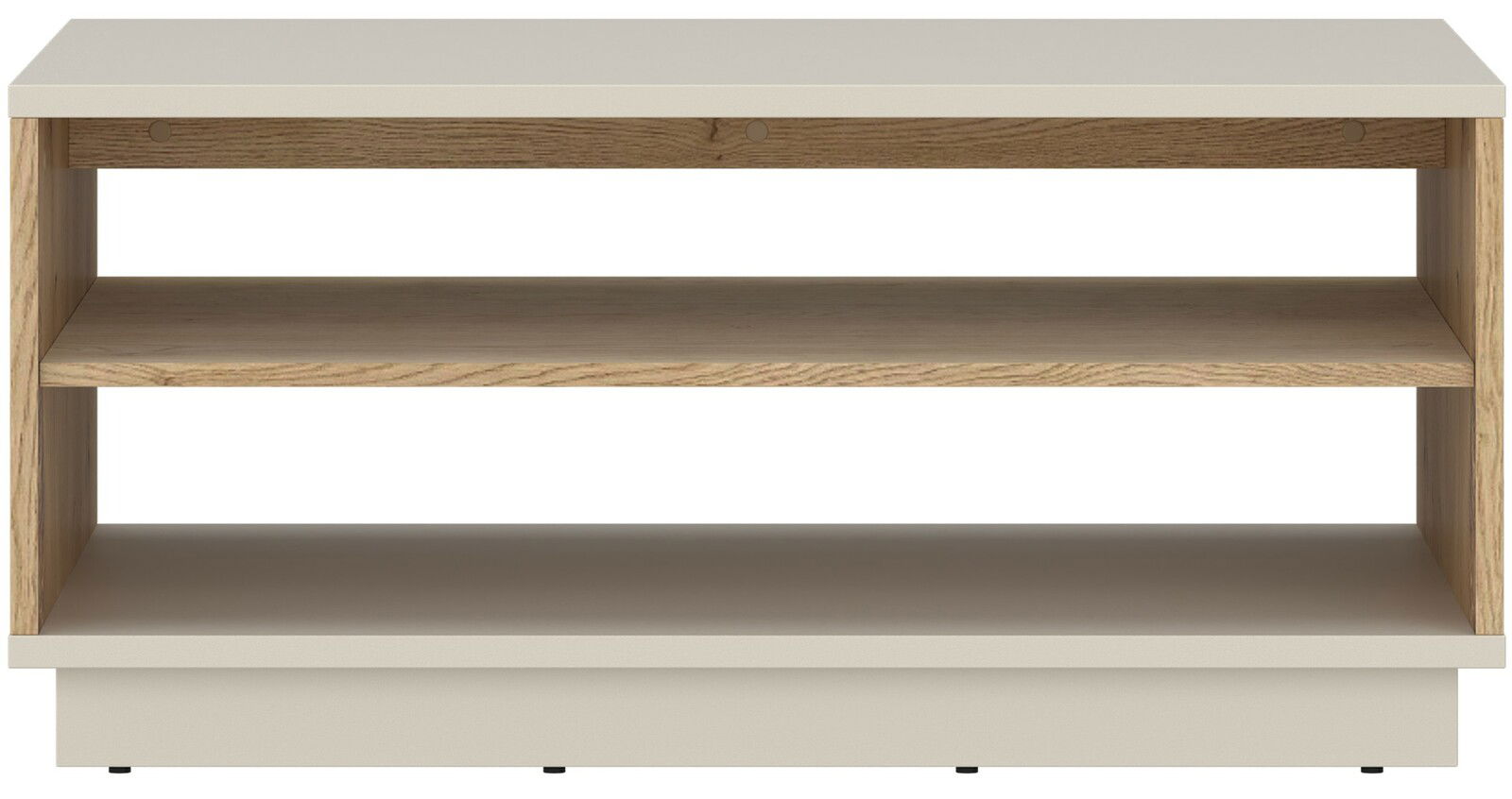 Moderner Couchtisch mit zwei Ablageflächen in Holzoptik, frontal betrachtet.