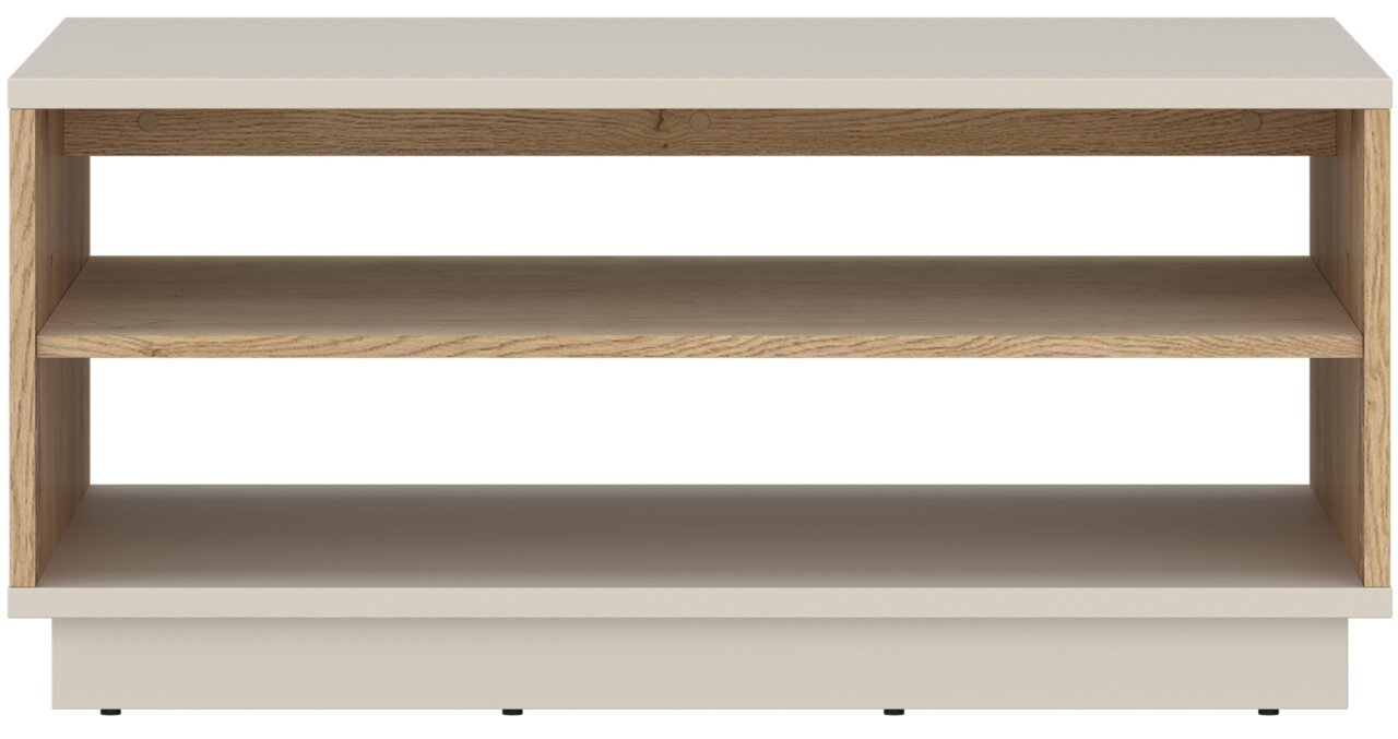 Moderner Couchtisch mit zwei Ablageflächen in Holzoptik, frontal betrachtet.