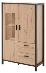 Hochschrank aus Holz mit zwei Türen, zwei Schubladen und einem Glaseinsatz, seitliche Perspektive