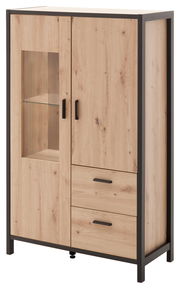 Hochschrank aus Holz mit zwei Türen, zwei Schubladen und einem Glaseinsatz, seitliche Perspektive