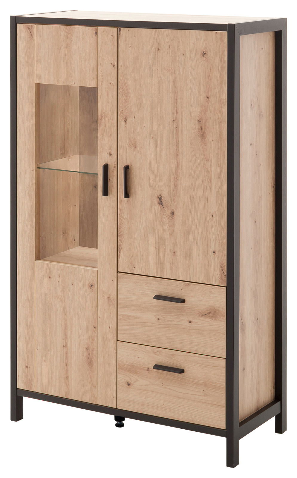 Hochschrank aus Holz mit zwei Türen, zwei Schubladen und einem Glaseinsatz, seitliche Perspektive