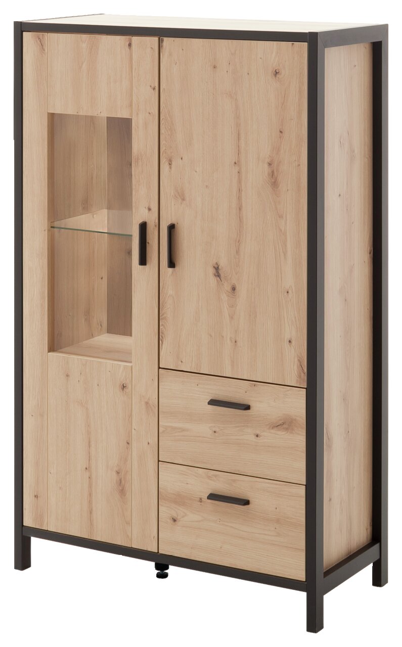 Hochschrank aus Holz mit zwei Türen, zwei Schubladen und einem Glaseinsatz, seitliche Perspektive