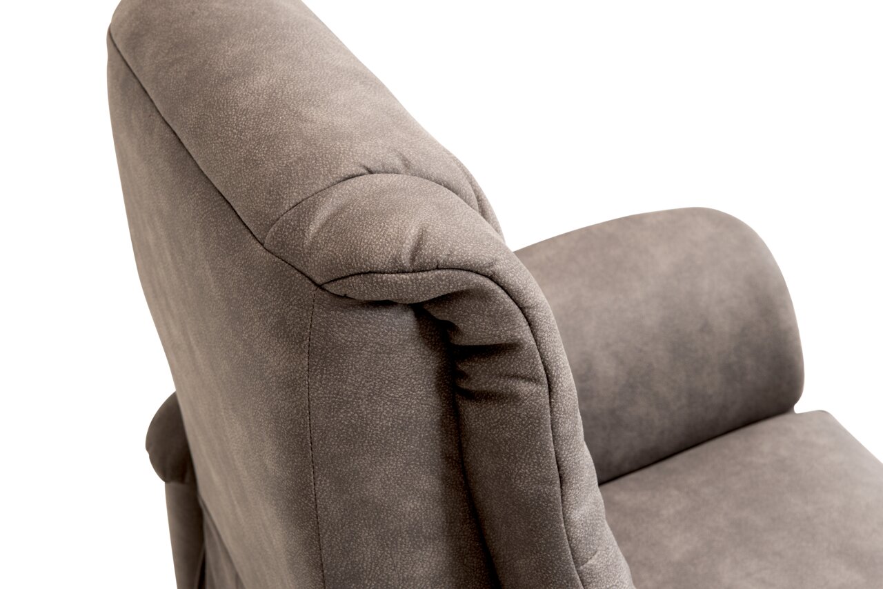 Nahaufnahme eines grauen Relaxsessels Welnova 4323 COMFORTIMES, Ansicht von oben auf die Rückenlehne und Armlehne.