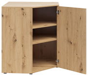 Eckkommode aus Holz mit geöffneter Tür, zeigt zwei Regalböden, Perspektive von vorne.