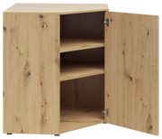 Eckkommode aus Holz mit geöffneter Tür, zeigt zwei Regalböden, Perspektive von vorne.