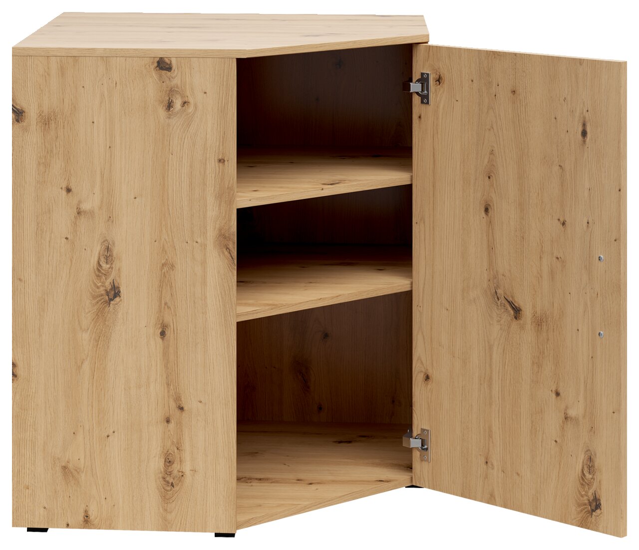 Eckkommode aus Holz mit geöffneter Tür, zeigt zwei Regalböden, Perspektive von vorne.