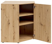 Eckkommode aus Holz mit geöffneter Tür, zeigt zwei Regalböden, Perspektive von vorne.