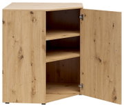 Eckkommode aus Holz mit geöffneter Tür, zeigt zwei Regalböden, Perspektive von vorne.