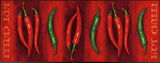 Fußmatte mit roten und grünen Chilischoten auf rotem Hintergrund, mit der Aufschrift 'Hot Chilli' an den Seiten, von oben betrachtet.