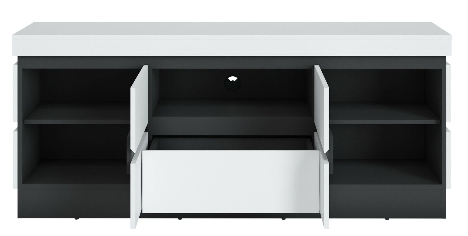 TV-Lowboard in Schwarz und Weiß mit offenen Türen und Schublade, frontale Ansicht
