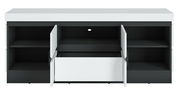 TV-Lowboard in Schwarz und Weiß mit offenen Türen und Schublade, frontale Ansicht