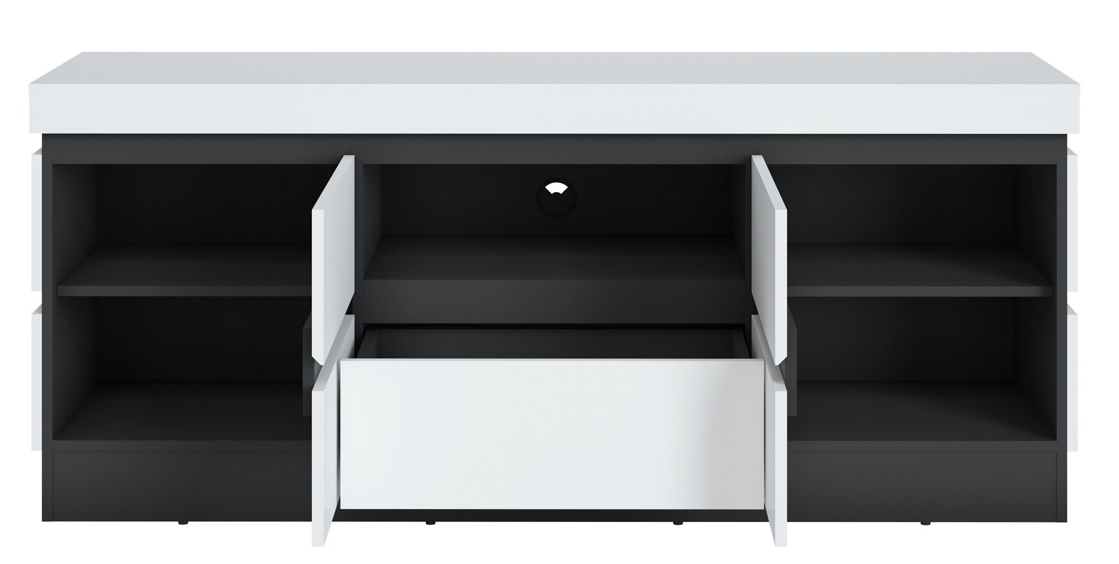 TV-Lowboard in Schwarz und Weiß mit offenen Türen und Schublade, frontale Ansicht