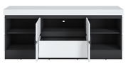TV-Lowboard in Schwarz und Weiß mit offenen Türen und Schublade, frontale Ansicht