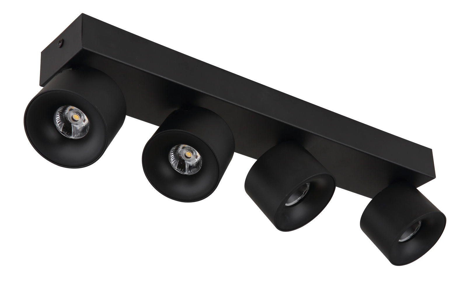 Schwarzer LED Strahler mit vier verstellbaren Leuchten, seitliche Perspektive