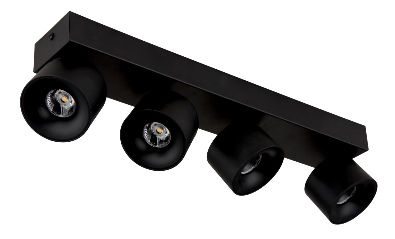 Schwarzer LED Strahler mit vier verstellbaren Leuchten, seitliche Perspektive