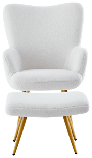 Moderner weißer Sessel mit Hocker, Vorderansicht, mit Holzbeinen und weicher Polsterung.