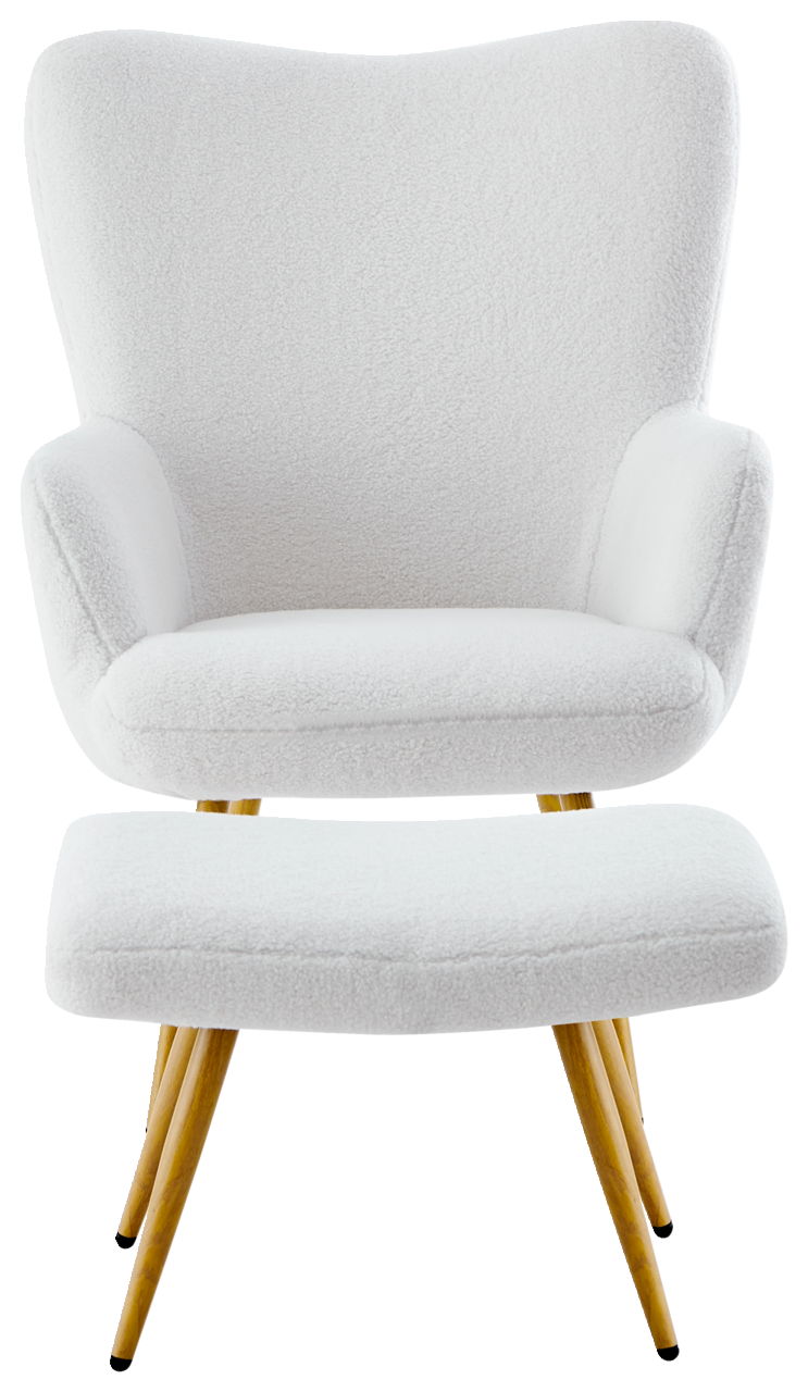 Moderner weißer Sessel mit Hocker, Vorderansicht, mit Holzbeinen und weicher Polsterung.