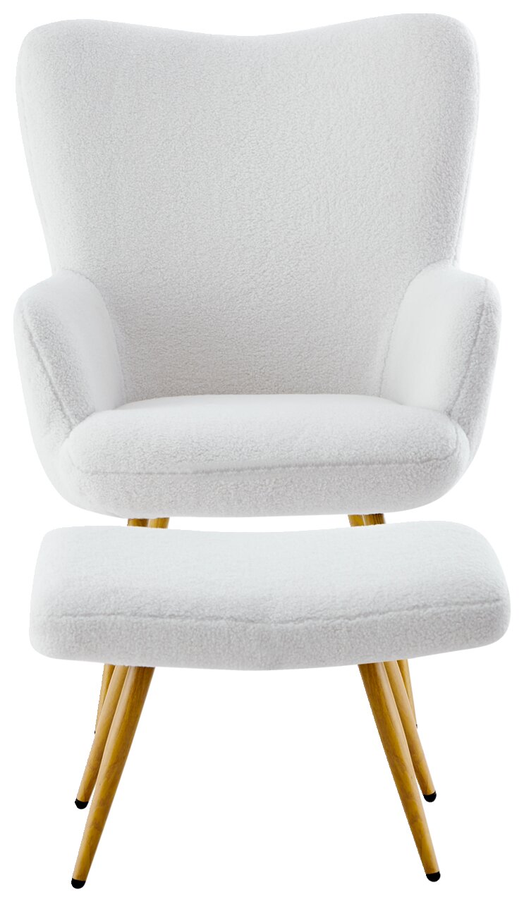 Moderne witte fauteuil met bijzetkruk, vooraanzicht, met houten poten en zachte bekleding.