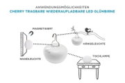 Infographic over de draagbare, oplaadbare LED-lamp van Cherry, met voorbeelden van toepassingen als magnetische wandlamp, hanglamp en tafellamp; product in vooraanzicht met een licht schuin bovenaanzicht.