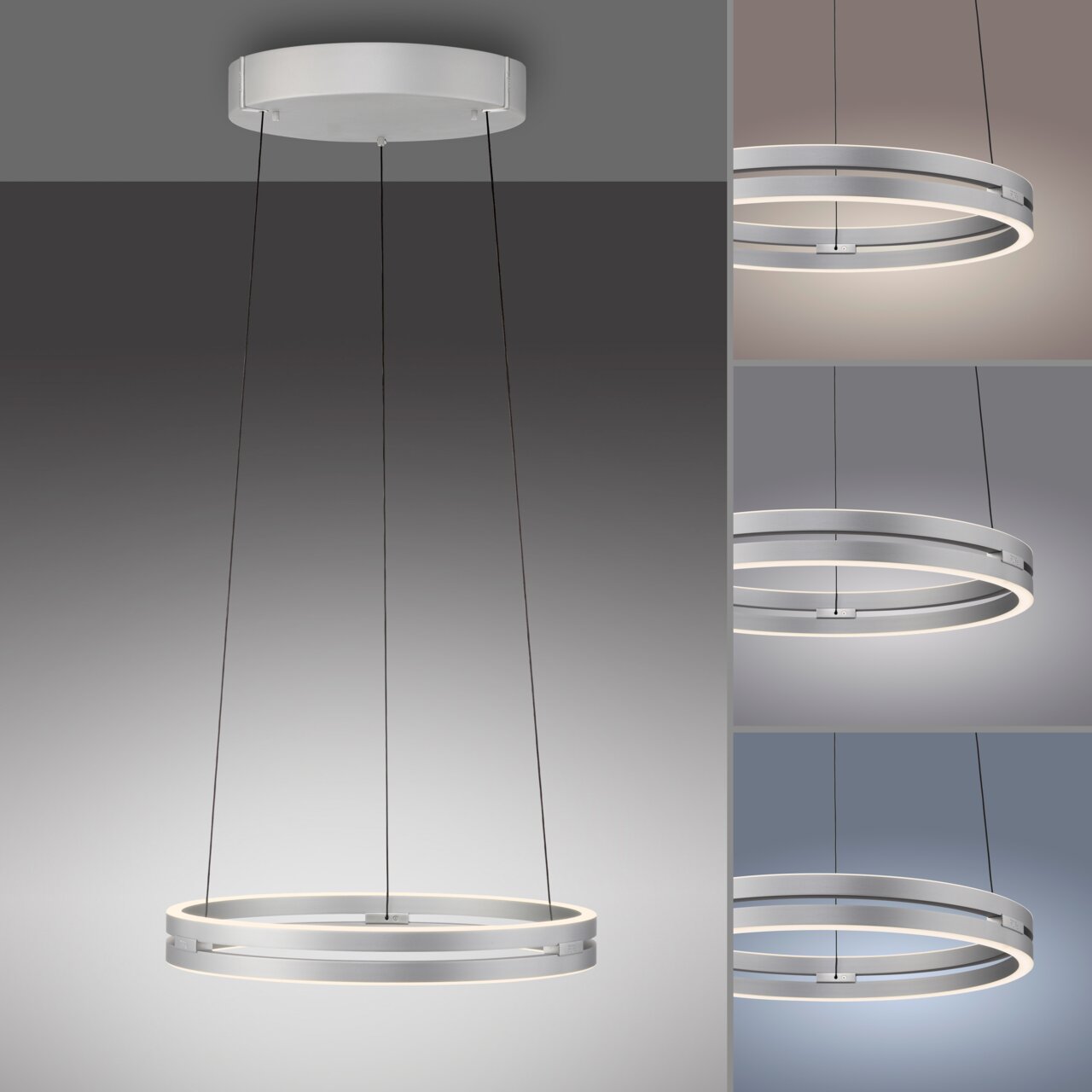 Moderne Pendelleuchte PURE E-Loop in silberner Optik, von unten betrachtet, mit zwei leuchtenden Ringen und verstellbaren Kabeln.