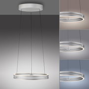 Moderne hanglamp PURE E-Loop in zilverkleurige uitvoering, gezien van onderaf, met twee verlichte ringen en verstelbare kabels.