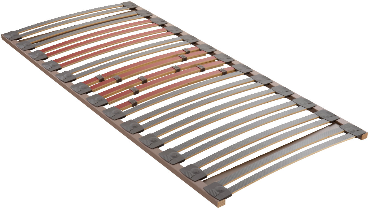 Dieter Knoll Federholzrahmen Mini S TOPFORM Federholzrahmen Mini S aus seitlicher Perspektive mit gebogenen Holzlatten und verstellbaren Elementen.