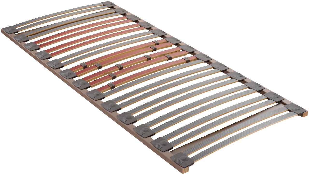 Dieter Knoll Federholzrahmen Mini S TOPFORM Federholzrahmen Mini S aus seitlicher Perspektive mit gebogenen Holzlatten und verstellbaren Elementen.