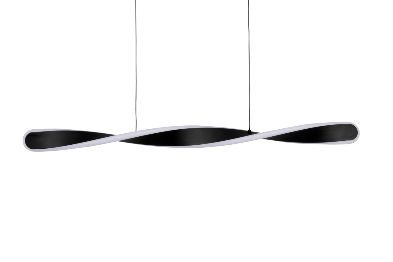 Moderne LED-hanglamp met een gebogen vormgeving, zijaanzicht