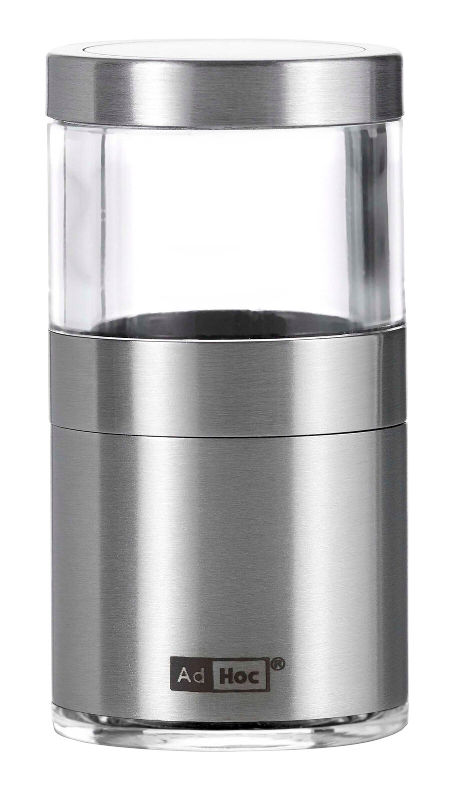Ad Hoc Mini Chili- und Gewürzschneider Silberner Mini Chili- und Gewürzschneider aus Edelstahl und Glas, frontal abgebildet.