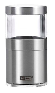 Silberner Mini Chili- und Gewürzschneider aus Edelstahl und Glas, frontal abgebildet.