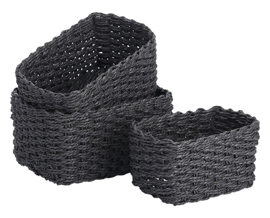 Dreiteiliges Set von Aufbewahrungskörben aus dunkelgrauem, geflochtenem Material, perspektivisch von vorne fotografiert.
