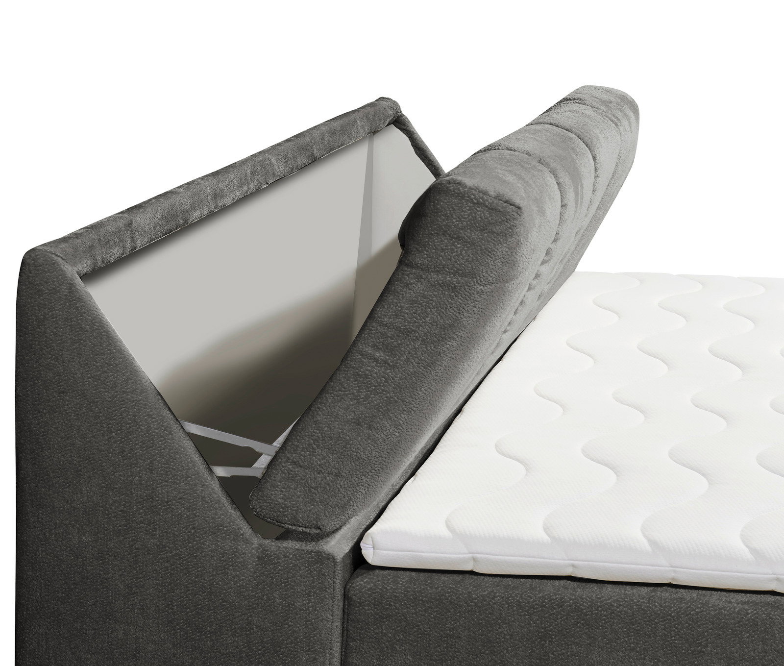 Seitliche Nahaufnahme eines grauen Boxspringbetts mit hochgeklapptem Kopfteil und weißer Matratze.